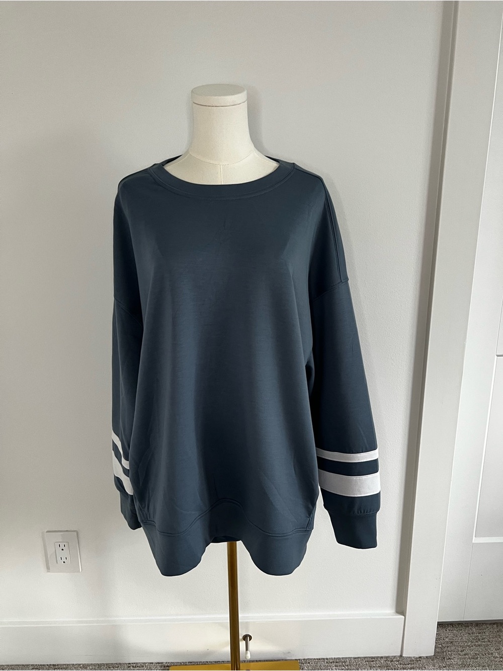 Abercrombie & Fitch YPB Dark Slate Blue Sweatshirt with White Sleeve Stripes